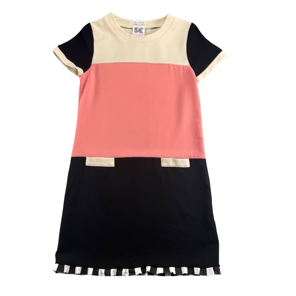 Kling Space Capsule Women Colorblock Mod Shift Dress Pink Black Ruffle Mini S